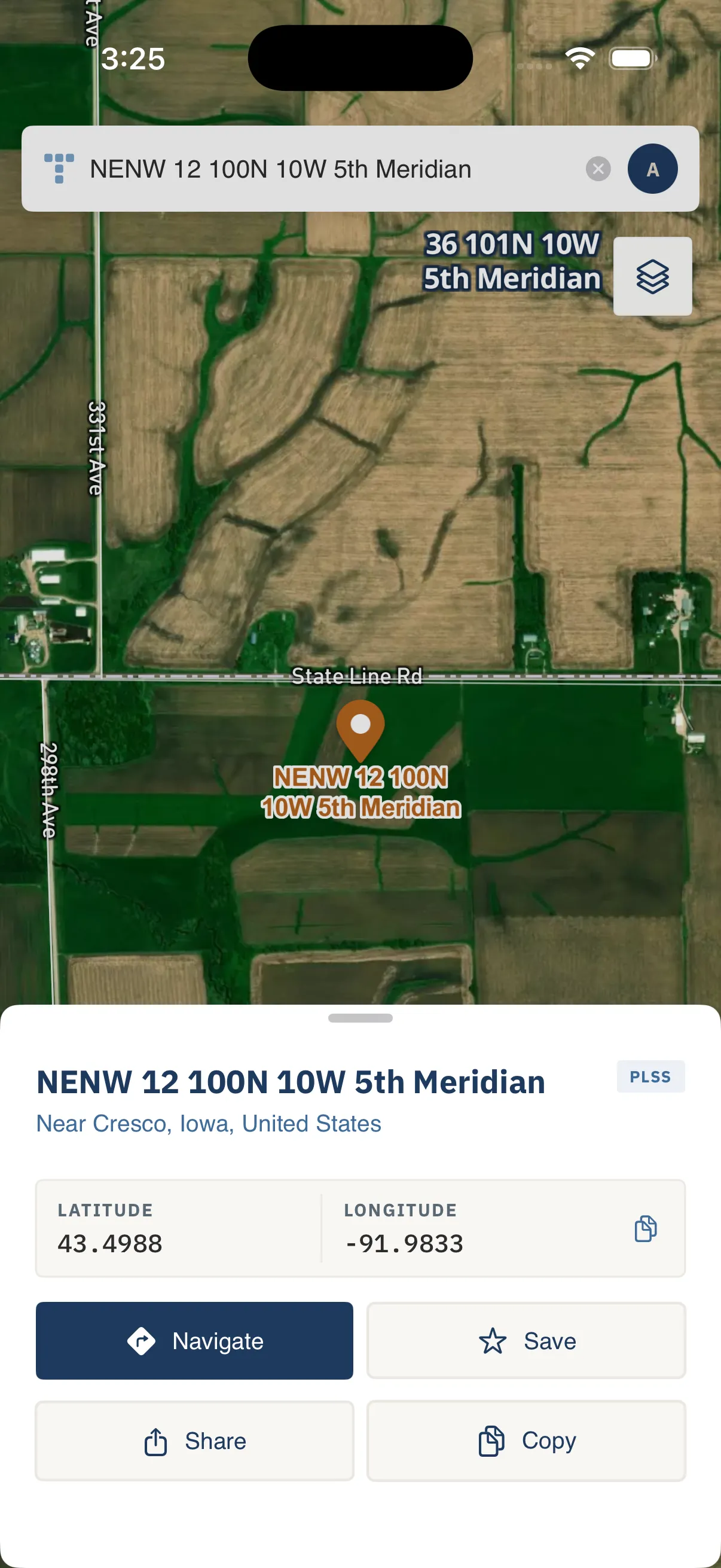 Township America mobile app displaying PLSS grid map