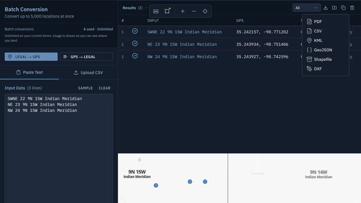 Batch PLSS Conversion for Rural Insurance: CSV Upload and Structured Export for a Book of Policies