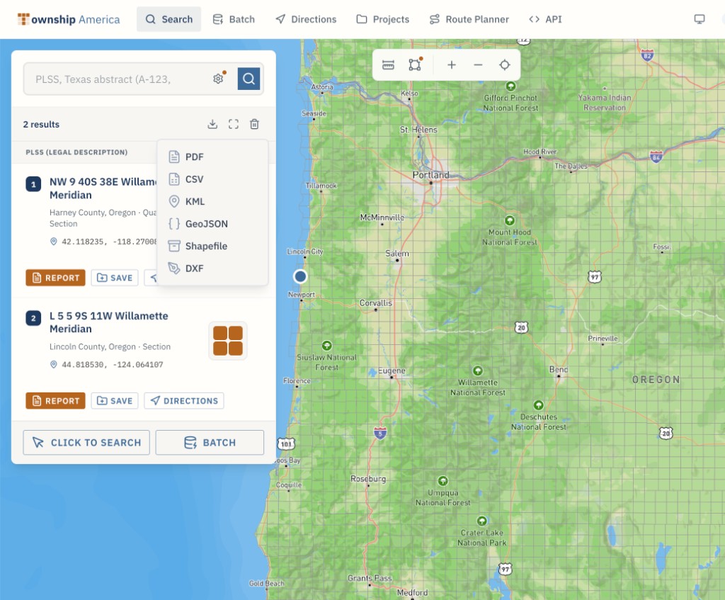 PLSS Polygon Export: Shapefile, GeoJSON, and KML from Section-Township-Range Descriptions