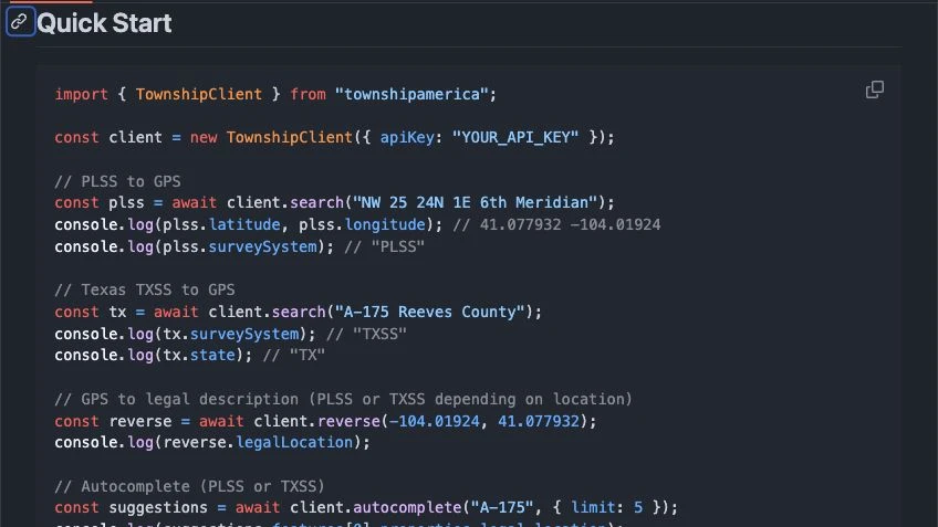 Township America TypeScript SDK: PLSS Lookups in Node.js for Land Tech Applications
